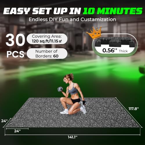 PRAISUN 0.56" Rubber Top Gym Flooring, Heavy Duty Gym Mats for Home Gym | Non-Slip Interlocking Workout Mat, 24 x 24in Large Gym Floor Mat, Protect Floors from Equipment, 120 Sq Ft, Black/Grey - size: 30 Tiles (120 Sq Ft)