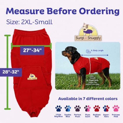 Surgi Snuggly Dog Surgery Recovery Suit, Cone Alternative, Spay/Neuter 2XLS | Dog Recovery Suit for Dogs — Veterinarian-Invented Surgical Suit & Recovery Onesie with Easy Bathroom Access After Surgery - color: Radiant Red, size: 2 Extra Large Small(L-28"-