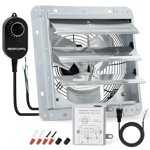 Criditpid 12 Inch Shutter Exhaust Fan, 970 CFM Wall Mounted Fan, Attic Vent Fan with Speed Controller and Thermostat for Greenhouse, Garages, Warehouse, Shed, Basement, Chicken Coops Ventilation. - size: 12 Inch Shutter Exhaust Fan