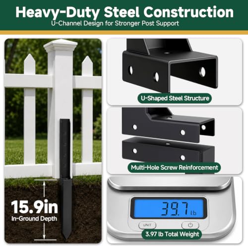 Fence Post Repair Kit, Heavy Duty Steel Fence Post Stabilizer Brace, 3 Pack | Made from U-channel steel, its interlocking U-slot design uses 5 multi-angle screws to reinforce the upper/lower connection - size: 3 Pack