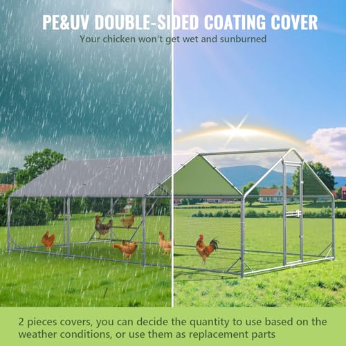 Large Metal Chicken Coop Runs for Yard with Cover, 10x20x6.5 | Perch Bars, Split Doors, Waterproof Covers, Mesh Wire - size: 236.2"L x 118.1"W x 78.7"H