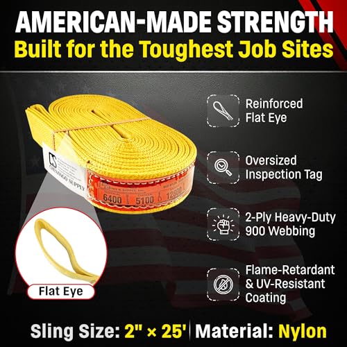 DD Sling 2 Inch x 25 Foot Nylon Lifting Strap – USA Made, 6,400 lb Vertical, 5,100 lb Choker, 12,800 lb Basket – 2-Ply Heavy Duty 900 Webbing, Type 3 Flat Eye & Eye Rigging Sling - size: 2"x25'