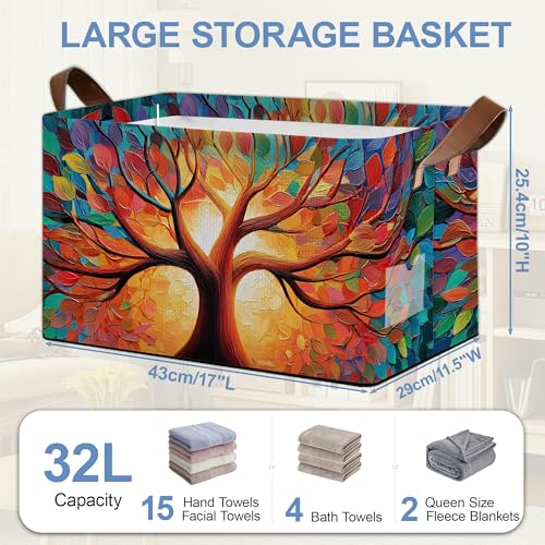 Tree of Life Storage Basket with Handles,Colorful Collapsible Rectangle Organizer Bin for Room Decoration Books Box Baskets 17x11.5x10Inch - color: Tree of Life Colorful