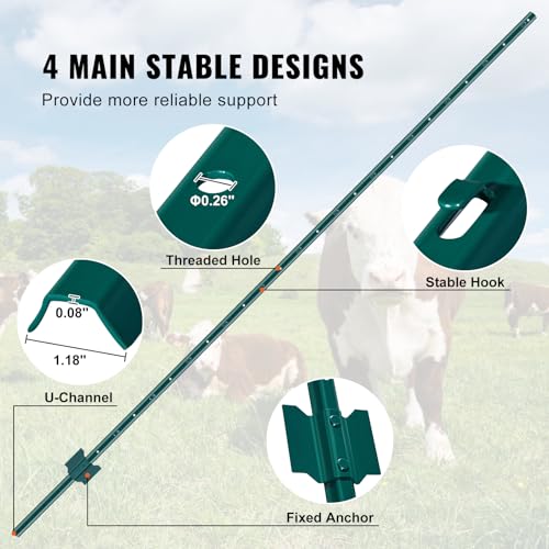 VEVOR Fence Post 7 ft 10 Pack U-Channel Metal Fence Stakes Green | For Garden Yard, Lawn, Farms & Outdoor Wire Fencing, 2 mm Thick Q235 Carbon Steel with Powder-Coated, 50 Zip Ties & 20 Clips - size: 7 Feet 10 Pack