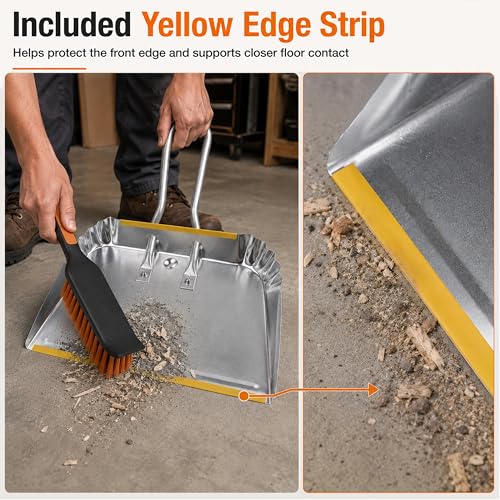 17" Heavy Duty Metal Dust Pan with Brush Set | Large Wide Mouth Dustpan with Stiff Bristle Cleaning Brush for Garage, Wood Stove, Workshop and Outdoor Cleanup, Silver - size: 1 Count (Pack of 1) with Brush
