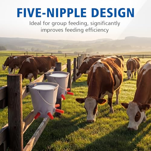 Sawysine 3 Pcs 8.45 Quart Calf Nursing Bucket, Five Teats Feeder with Metal Hanger, Hanging Calf Pail with Nipple Livestock Feeder for Over The Fence, Stall, Barn, Cowshed/Cattle Housing - color: Five Teats