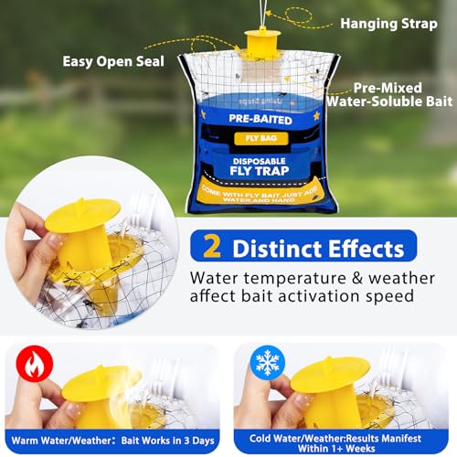 Large 8 Pack Pre-Baited Fly Traps Outdoor Fly Trap for Patio Farm Ranch | 50g Dissolvable Bait Fly Hunter for Flying Insects, Weatherproof Outdoor Fly Bags, Fly Catcher for Chicken Coop Barn - size: 8 Packs