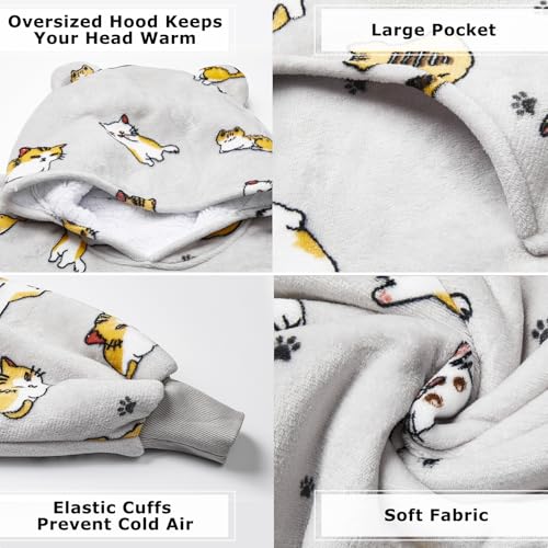 THREE POODLE Wearable Blanket Hoodie, Oversized Long Sherpa Sweatshirt Blanket for Adults Women Men, Warm Cozy Cat Hooded Blanket, Gifts for Mom Girlfriend - color: Cat, size: Adult-Extra Long