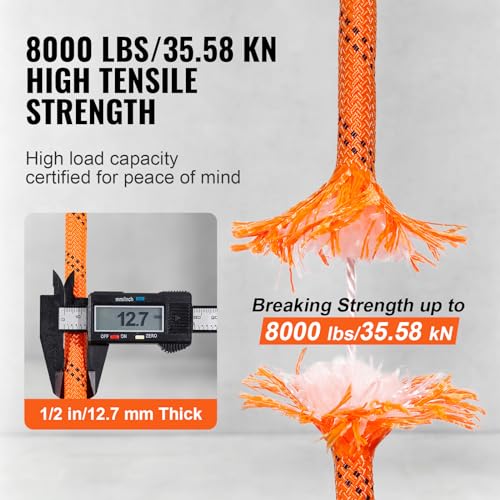 VEVOR Double Braided Polyester Rope, 1/2 in x 220 ft, 48 Strands, 8000 LBS Breaking Strength Outdoor Climbing Rope, Arborist Rigging Rope for Rock Hiking Camping Swing Rappelling Rescue, Orange/Black - size: 1/2 Inch x 220 FT, style: Polyester