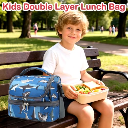FlowFly Kids Double Decker Cooler Insulated Lunch Bag Large Tote for Boys, Girls, Men, Women, With Adjustable Strap, Shark - color: Shark