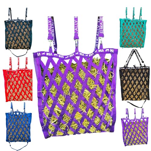 Majestic Ally Double Side Open Slow Feeder Hay Bag - Diamond Shaped Obliquely Placed Webbing (Purple) - color: Purple