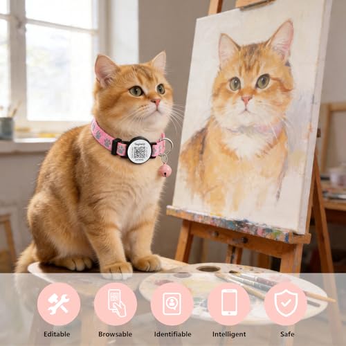 Peace of Mind Cat Collar 2-Pack: QR Code Tag with Permanent Online ID + Breakaway Reflective Collar, Scan for Immediate Contact if Lost (Pink & Black) - color: Paw pattern - Pink & Black