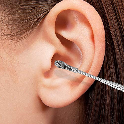 Stainless Steel Ear Curette Cleansing Kit - 6 Piece Set with Spiral Spring Pick Unclogger, Thorough Ear Wax Removal and Storage Case