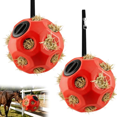2 Pack 15.75" Horse Treat Ball with Hanging Strap, Horse Feeders for Stalls, Slow Feed Hay Feeder Toy Hay Ball for Horses Goats Sheep Ponies, Red