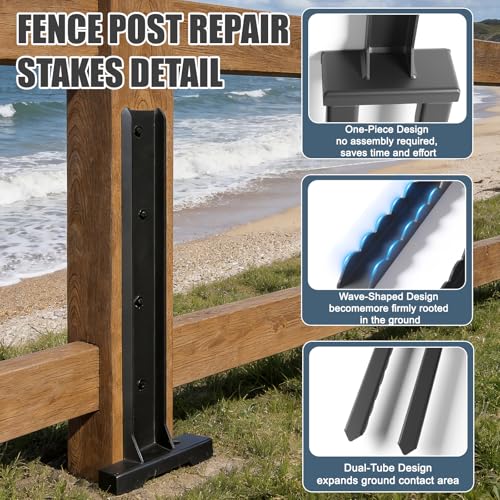 2Pcs Fence Post Repair Kit, Quick Fix Broken/Leaning Wood Post | Heavy Duty Steel Fence Post Anchor, Wavy Design Fence Post Repair Stakes