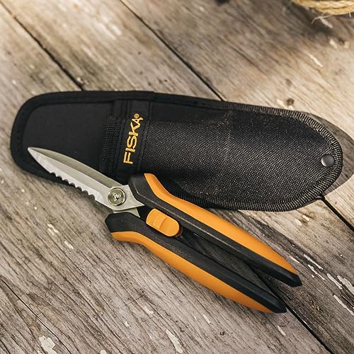 Fiskars 8" SoftGrip Pruning Shears, Multipurpose Garden Snips with Sheath | Heavy-Duty Scissors with Outer Serrated Edge, SoftGrip Handle, Great for Cutting Nursery Pots, Soil Bags & Wire - style: Snips