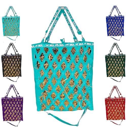 Majestic Ally Double Side Open Slow Feeder Hay Bag - Diamond Shaped Obliquely Placed Webbing (Turquoise) - color: Turquoise
