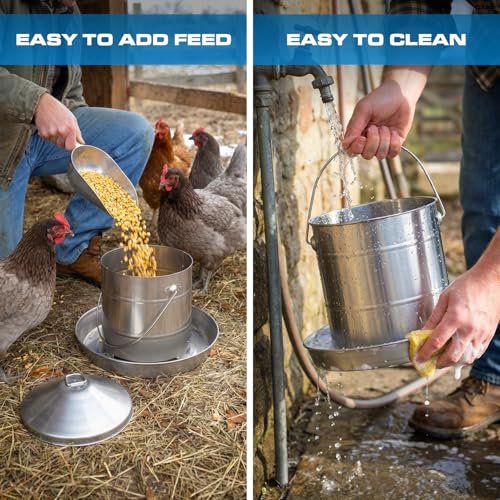Plexon 17.6 Lb Hanging Chicken Feeder Metal Chicken Feeder with Handle no Waste Food - Stainless Steel - Turkey Duck Poultry Feeder - Heavy Duty Feeding Equipment - Grade Large - size: 17.6 LB