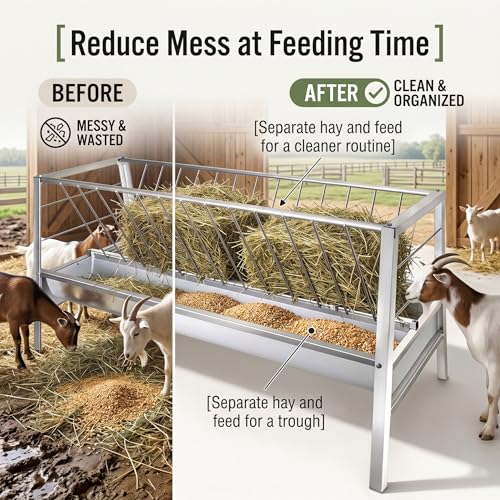 Hay Feeder, Goat Sheep Cattle Feeder, Livestock Hay Rack, Heavy Duty Livestock Feeder with Anti-Waste Grid, Dual-Compartment Metal Farm Feeding Trough for Outdoor Use