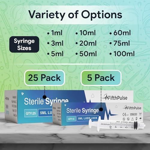 5 ml Syringe without Needle - 25 Pack of Individually Wrapped Disposable Syringes - Good for Medical, Scientific Lab, Home Use, and More - Sterile Luer Lock Syringes - style: 5 ML