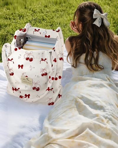 Miss Adola Corduroy Tote Bag for Women with Aesthetic Design | Magnetic Buckle & Pocket, Reusable, Soft, Roomy, Long Shoulder Handles, Double-sided Print, Casual Daily Work, Grocery Bags - color: Bow Cherry, size: Large