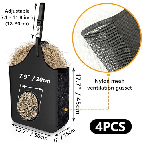 4 Pcs Hay Bag Hanging Goat Feeder Tote with Adjustable Strap | Premium Oxford Cloth with metal ring,Breathable mesh sides,for Horses Donkeys Cows Alpacas Ostriches & Other Animals,Black - color: black-4