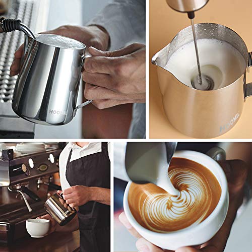 HOOMIL Milk Frothing Pitcher, 12oz/20oz/32oz 304 Stainless Steel | Steaming Pitcher with Clear Scale, Barista Milk Frother Cup Jug for Espresso Machine Coffee Cappuccino Latte Art - 12oz - color: Silver, size: 12 Ounces