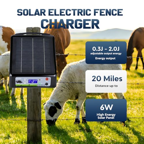20 Miles Solar Electric Fence Charger, Adjustable Output Voltage: 6/8/10/12kV, 2J Solar Powered Electric Fence Charger Supports Battery/Solar/AC Power,Ideal for Livestock/Garden/Yard/Farm Protection