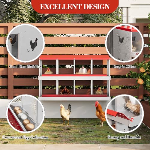 Chicken Nesting Box, 8-Hole Nesting Boxes, Removable Tray, Ventilation Holes, Easy Egg Collection & Cleaning, Laying Boxes for Hens, Red - color: Red, size: 8 Holes
