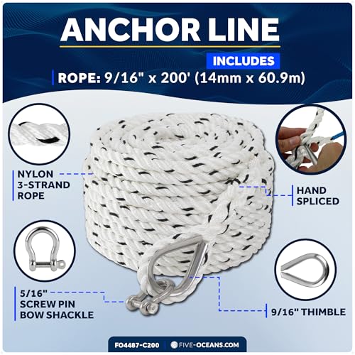 Five Oceans Anchor Line 9/16" x 200', Anchor Rope Line, Marine Premium 3-Strand White Nylon Boat Anchor Rope - Stainless Steel Thimble and Shackle, Ideal for Mooring Anchoring Towing - FO4487-C200 - style: 9/16 inch x 200 ft