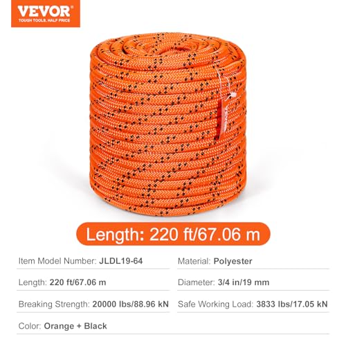 VEVOR Double Braided Polyester Rope, 3/4 in x 220 ft, 24 Strands, 20000 LBS Breaking Strength Outdoor Climbing Rope, Arborist Rigging Rope for Rock Hiking Camping Swing Rappelling Rescue, Orange/Black - size: 3/4 Inch x 220 FT, style: Polyester