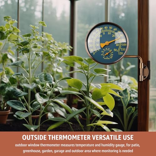 4" Outdoor Thermometer & Humidity Gauge, Brass Analog Dial | Window Thermometer for Outside Temperature & Humidity Monitor, Battery-Free for Patio Garage Greenhouse Garden Wall
