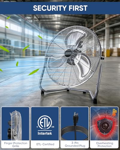 KEN BROWN 20 Inch Metal Fan, 4700 CFM High Velocity, 360° Adjustable Tilt, 3 Speeds, Heavy Duty Metal Industrial Fan for Garage, Shop, Bedroom, Workshop - size: 20 Inch