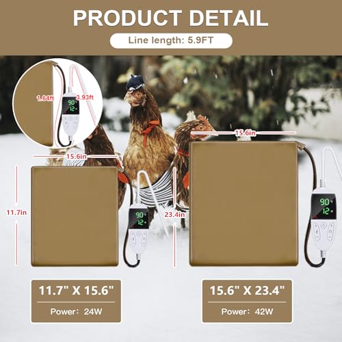 Chicken Heating Pad Chick Brooder Pad Poultry Heated Mat Adjustable Digital Thermostat Brood Heater Warming Blanket with Timer Anti Bite Wire Warmer Bed for Small Animal Pet 15.7 x 23.6 inch