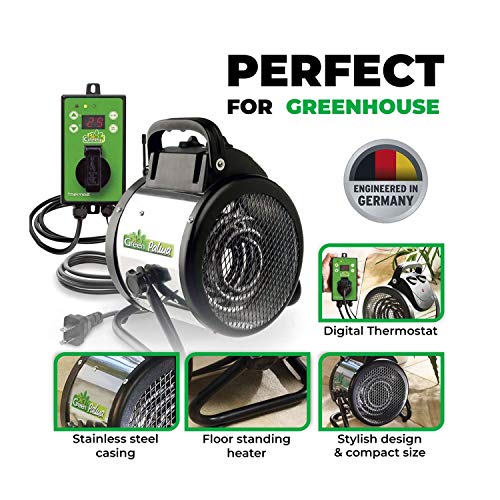 BioGreen Electric Greenhouse Heater & Fan with Digital Thermostat PALMA | 1500 Watts, 5100 BTU/hr | 5800 ft³/h Air Circulation -58 to 210.2°F | Stainless Steel | Spraywater Proof - color: Black