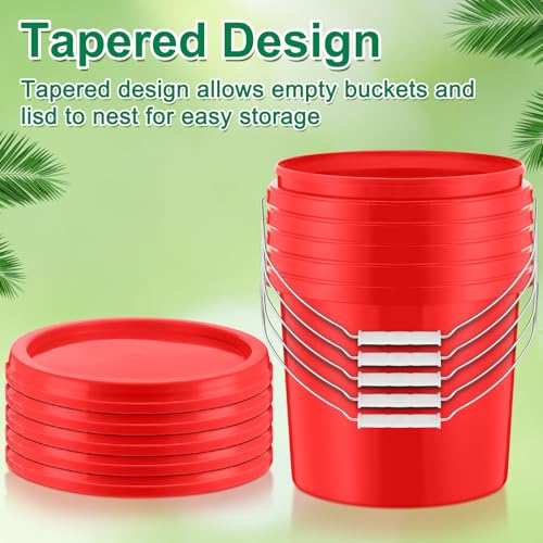 Tioncy 24 Pcs 2 Gallon Plastic Buckets with Lids and Handles,Red | Storage Pails for Paint, Cleaning, Organizing, Durable Containers, Metal Handles, Plastic Material - color: Red