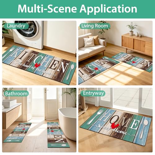 Kitchen Rugs Set 3 Piece, Non Slip Kitchen Mats for Floor, Soft Fabric with Rubber Backing, Farmhouse Anti Fatigue Runners Carpet for Home Kitchen Laundry Room Hallway (Rustic Teal Brown) - color: Rustic Teal Brown