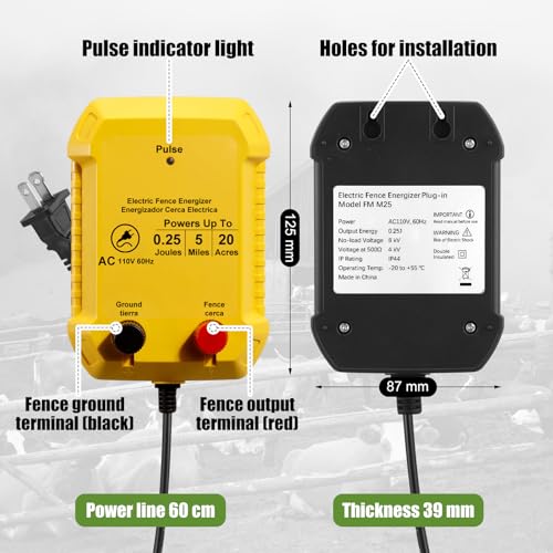 Electric Fence Kit, 0.25j Charger 3366ft Wire 60 Insulators | 5 Mile 110V Plug in Electric Fence, Polywire for Livestock Horse Cattle Poultry, T Post Screw Insulators, Farm Pasture - size: 3366FT, style: 0.25J