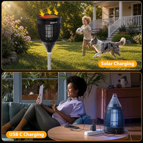 Rossetta Solar Bug Zapper Outdoor, Fly Zapper with Flame & Projector Light | 4200V Shock Grid, Solar & USB Charging, IPX5 Waterproof, Auto Mode, Cordless Electric Mosquito Killer for Patio, Garden - color: Black