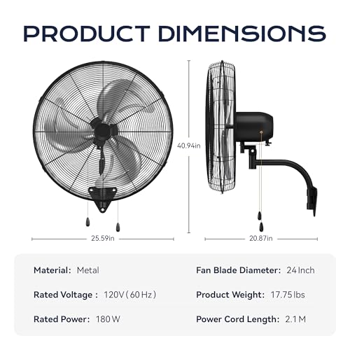 Tehanld 2PC Industrial Wall Fan 26 Inch - 4700 CFM High Velocity Airflow, Heavy Duty Metal Wall Mounted Fan with Dual Pull Chains & 90° Oscillation, 3-Speed Commercial Fan for Warehouse & Barn - size: 26 INCH - 2PC