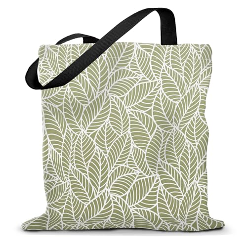 Canvas Tote Bag for Women，Cute Heavy-Duty Shoulder Bag with Zipper Pocket -Travel Tote for Grocery, Gym,Shopping - color: Green Leaves