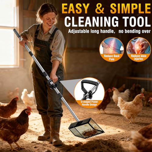 Large Chicken Poop Scooper: 2-in-1 Metal Pooper Scooper & Rake Adjustable 62" Long Handle Stainless Steel Sand Sifting Litter Shovel Chicken Coop Scoop Cleaning for Bedding Goats Farm Yard Black - color: Black