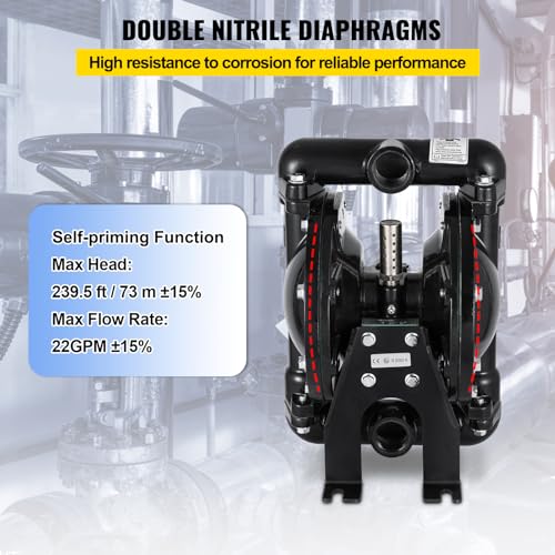 VEVOR Air-Operated Double Diaphragm Pump 1 inch Inlet Outlet Aluminum 35 GPM Max 120PSI, Nitrile Diaphragm, QBY4-25L-1inch-35 - size: 22 GPM