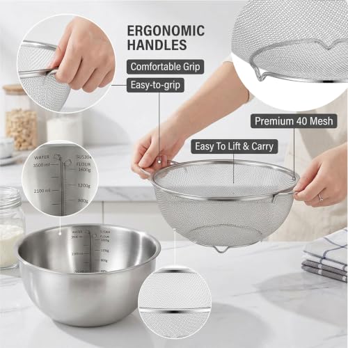 18/8 Stainless Steel Fine Mesh Colander Set, 3.5Qt | Includes 1 mixing bowl with built-in measurement marks and 1 fine 20-mesh strainer for rinsing, mixing, and draining.