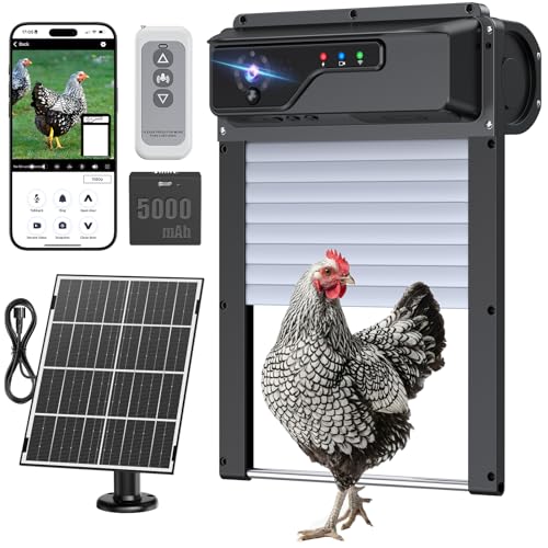 Automatic Chicken Coop Door with Camera, WiFi App Control, Solar Powered Smart Chicken Door with HD Night Vision, 5000 mAh Battery, Anti-Pinch Safety, Smart Alerts, Space-Saving Roll-Up Design