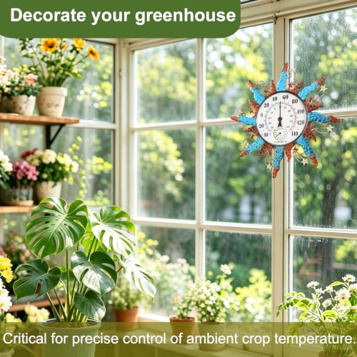 Sun Outdoor Thermometer Waterproof Wall Thermometer for Patio Garden Yard | Equipped with a Hygrometer, No Batteries Required, Dual-Scale Dial with Big Numbers, 13 Inch, Ideal Indoor & Outdoor Decor