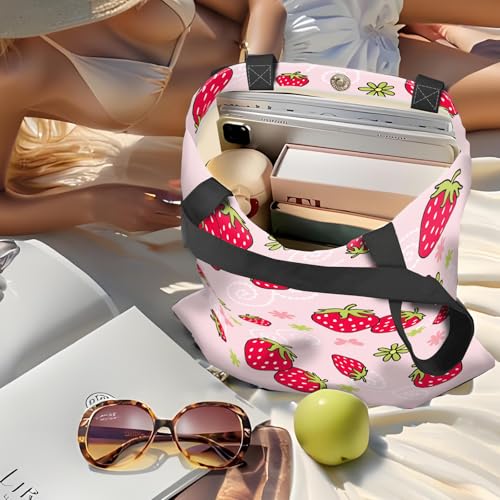 Canvas Tote Bag for Women，Cute Heavy-Duty Shoulder Bag with Zipper Pocket -Travel Tote for Grocery, Gym,Shopping - color: Cute Strawberry