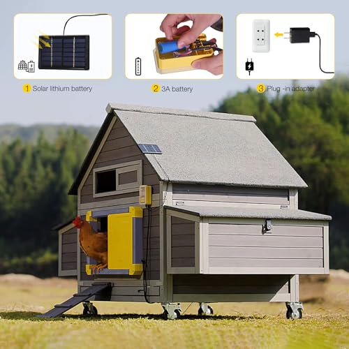 Automatic Chicken Coop Door Powered with Heating, Anti-Pinch Design Solar Chicken Door Opener, Black Auto Chicken House Run Door with Three Power Supply Modes for Chickens and Ducks