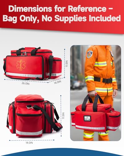 26" Large First Aid Bag Empty, Medical Supplies Bag for EMS & Nurses | Medical Duffle Bag & Trauma Bag Empty, Water Resistant, 21 Slots, 4 Dividers, 3 Clear Pockets, 360 Reflective Padded Strap