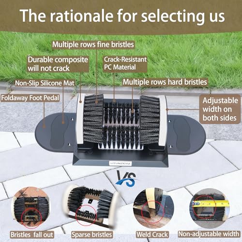 Adjustable Width Boot Scrubber & Shoe Cleaner - Heavy Duty, Outdoor | Rugged Bristle Brush for Mud,Dirt,Snow - Crack-Resistant,No Shedding - For Garden,Farm,Garage - Rustproof & Easy Clean